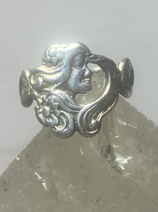 Lady face ring Art Deco influences floral band sterling silver women girls
