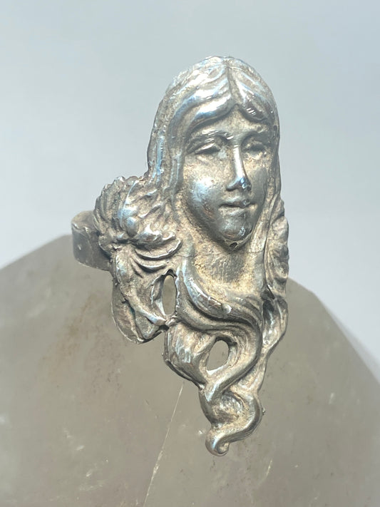 Lady face ring art deco band sterling silver women girl