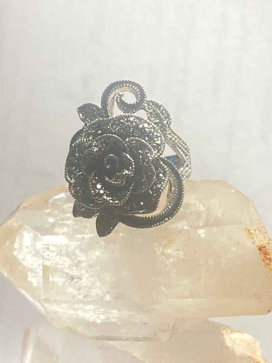 Rose ring floral band sterling silver women