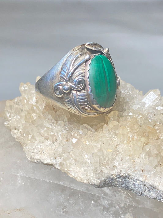 Malachite ring size 10.25 Navajo leaves feathers southwest sterling silver women men