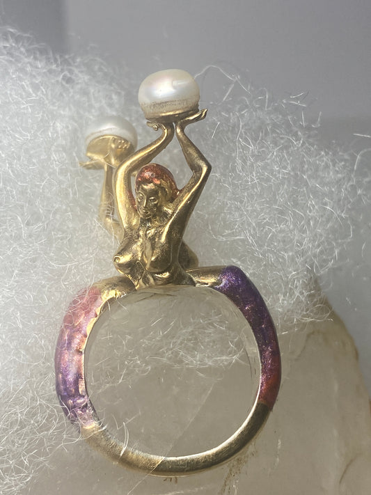 Naked ladies ring Mermaid sterling silver women girls Overlay w unknown metals and enamel