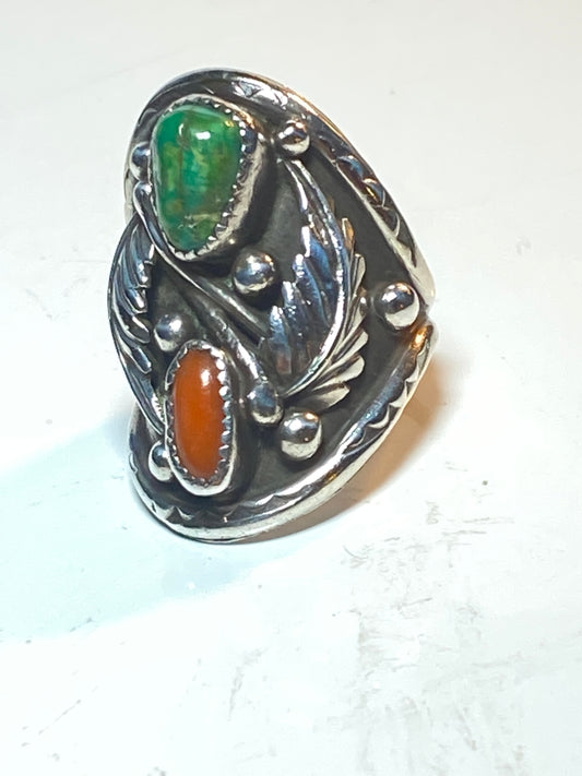 Turquoise ring Navajo coral southwest sterling silver women men