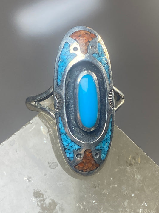 Turquoise ring size 4.75 coral chips southwestern sterling silver women