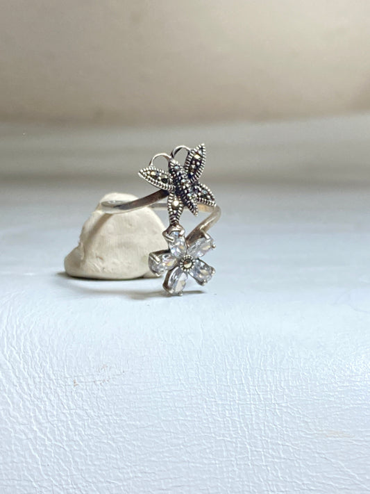 Butterfly ring size 7.75 flower marcasites band sterling silver women