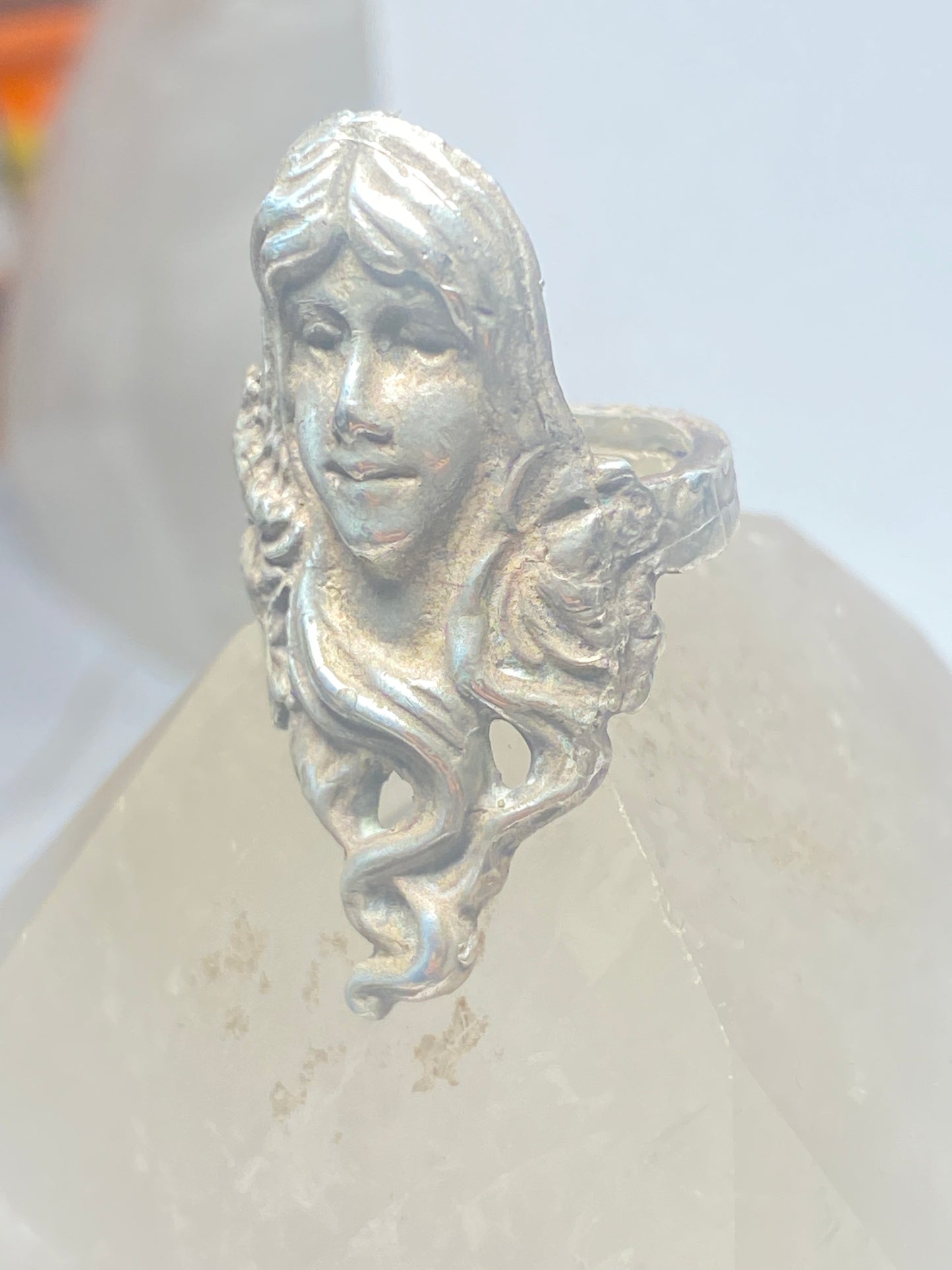 Lady face ring art deco band sterling silver women girl