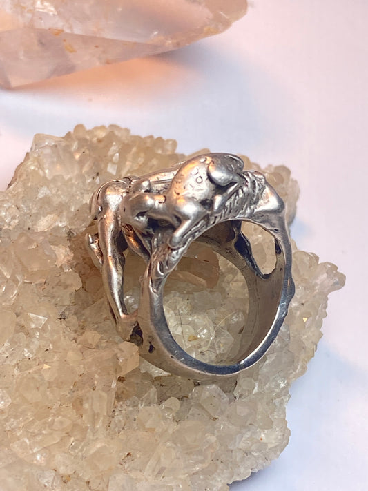 Figurative tribal ring size 5.50 w deer at tree trunk onyx sterling silver women men