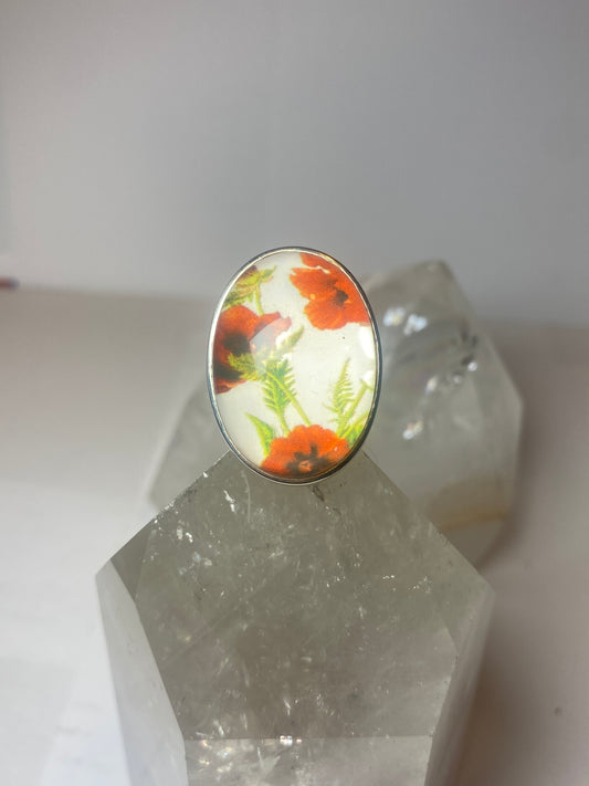 Flower ring painted floral glass sterling silver women