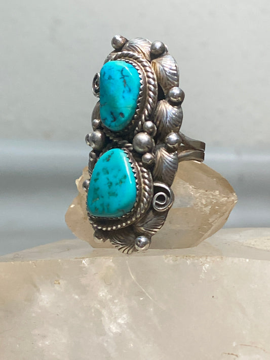 Turquoise ring long Navajo feather leaves sterling silver women