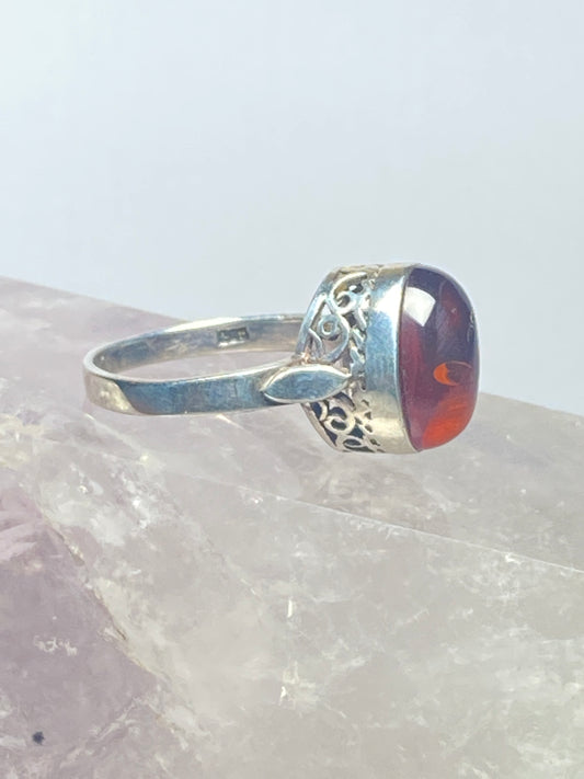 Amber ring sterling silver lacework women