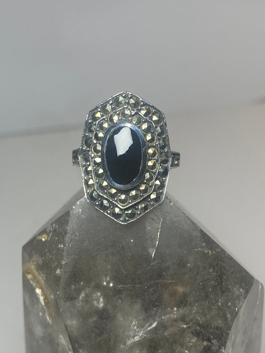 Long onyx ring size 7 marcasites Art Deco sterling silver women