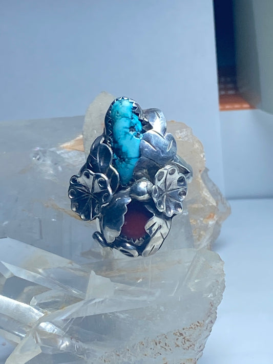 Turquoise ring flowers Coral southwest sterling silver women