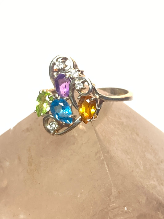 Cocktail ring size 6.75 sparkly colored stones blue pink yellow pinky sterling silver women girls