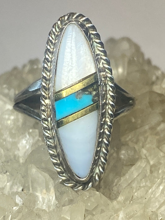 Long Turquoise ring mother of pearl sterling silver southwest