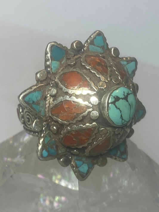 Turquoise Ring flower floral tribal Coral sterling silver women girls