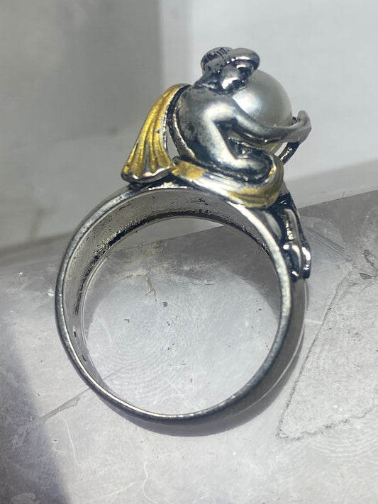 Naked lady ring holding pearl band sterling silver women