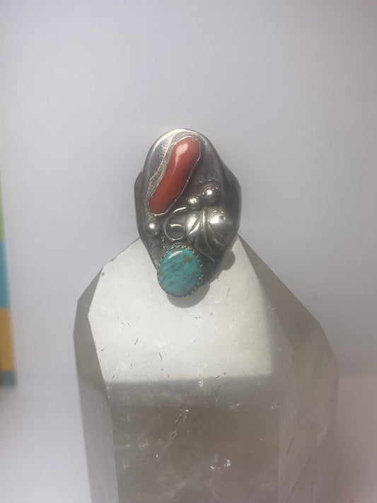 Navajo ring turquoise coral band sterling silver women men Size 10.75