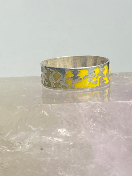 Dancing Bears ring yellow enamel pinky band sterling silver women