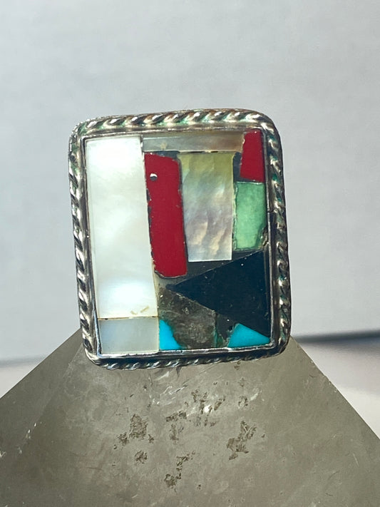 Navajo ring turquoise MOP Onyx coral southwest sterling silver women