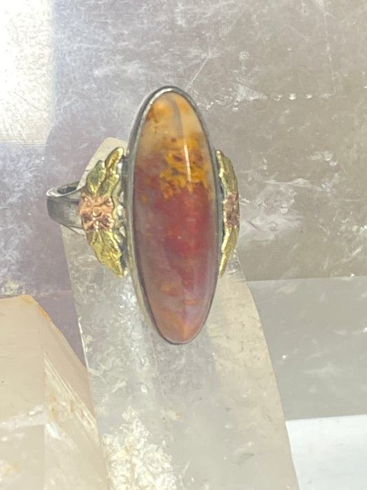 Agate ring long Art Deco pinky sterling silver women girls metal overlay on leaves