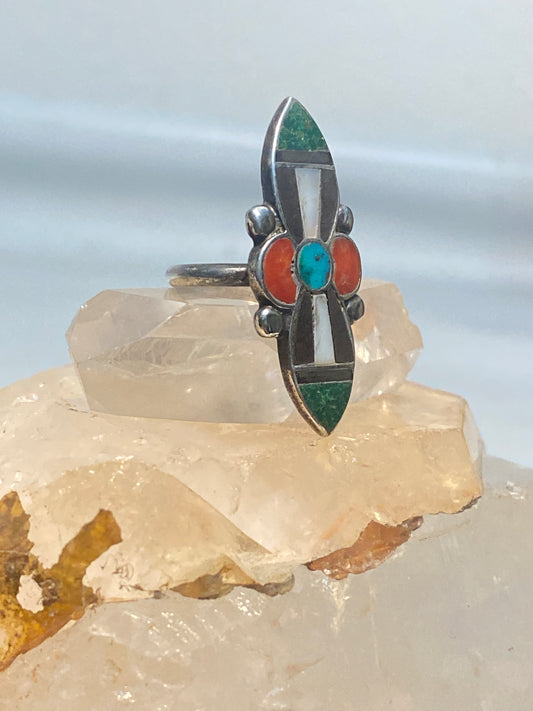 Turquoise ring size 5 long flower Navajo onyx MOP coral southwest sterling silver women girls