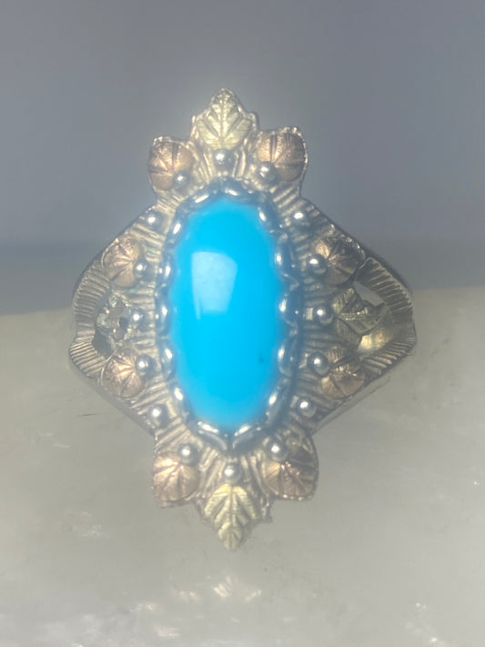 Long Turquoise ring Black Hills Gold leaves sterling silver women girls