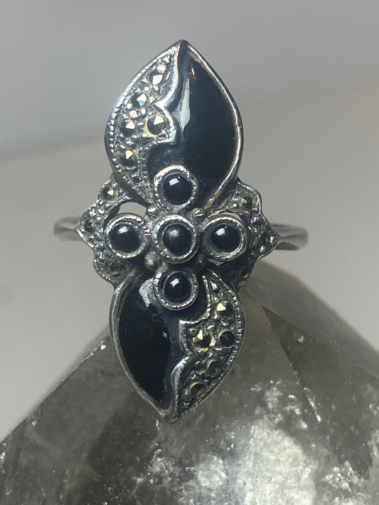 Long onyx ring size 7.50 marcasites Art Deco floral sterling silver women