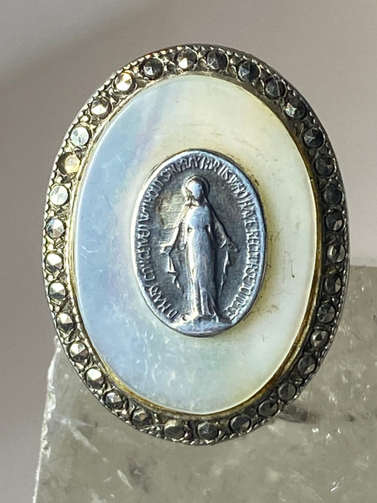 Madonna ring Mother of Pearl marcasites Art Deco sterling silver women girls