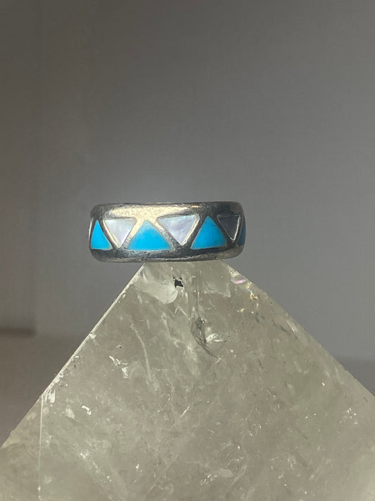 Turquoise ring mother of pearl band wedding pinky southwest sterling silver women