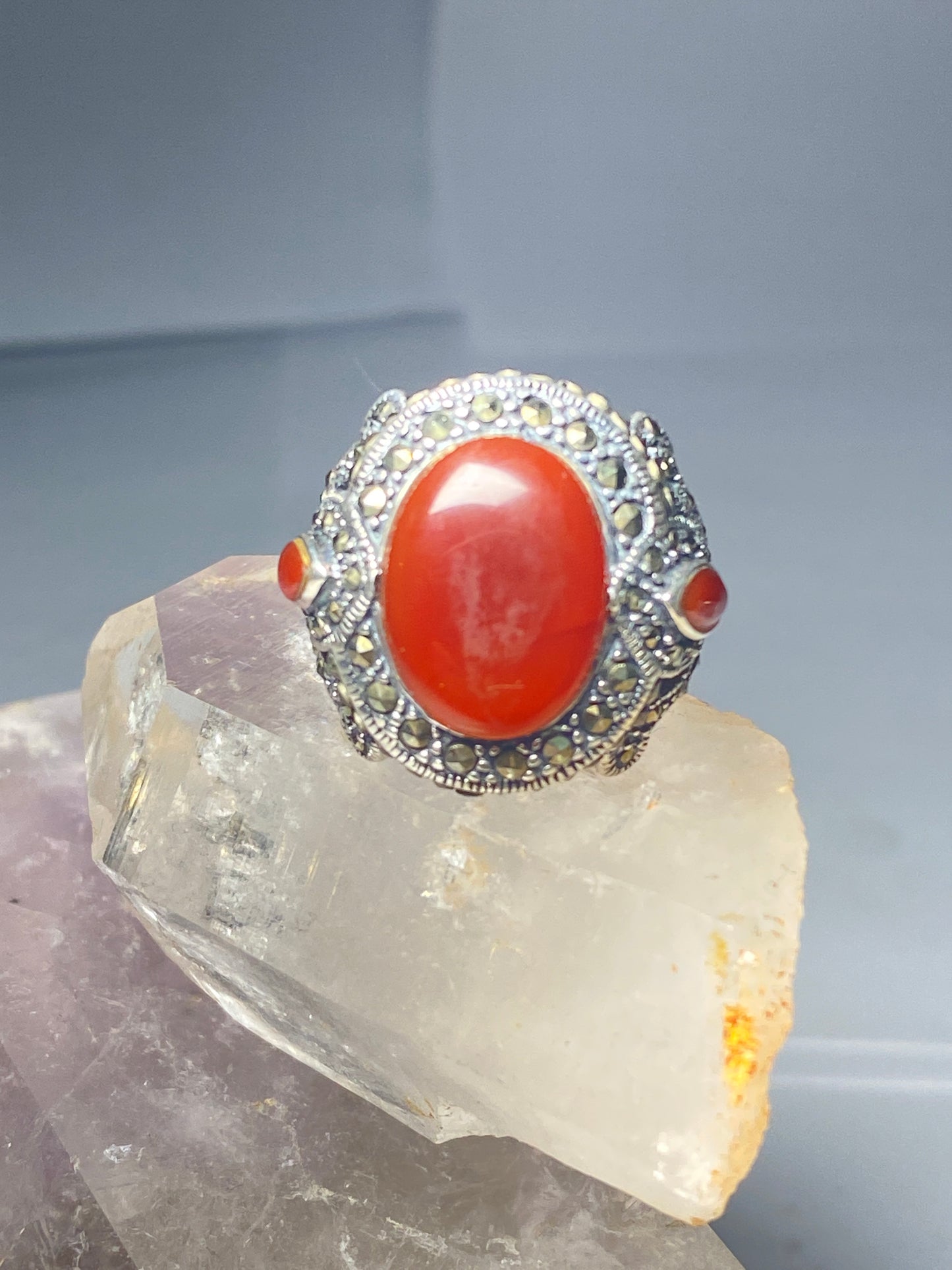 Red stone ring size 8.25 Art Deco  marcasites cocktail sterling silver