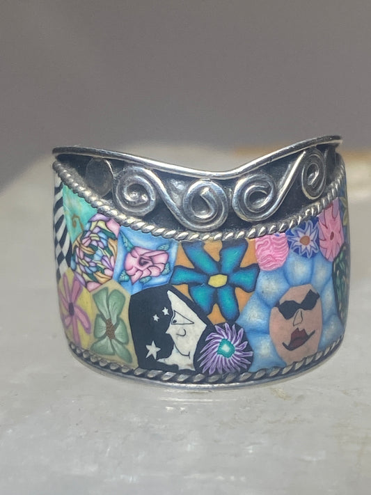 Millefiori ring size 6.50 cigar band faces figurative boho sterling silver women