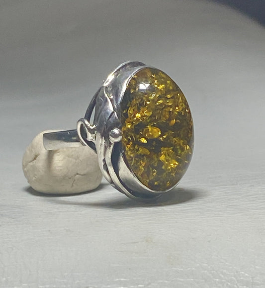 Amber ring floral vintage sterling silver women