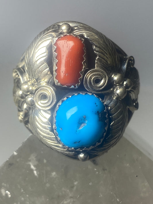 Turquoise ring coral Navajo leaves southwest women men