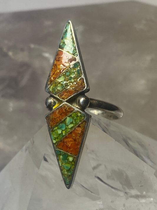 long turquoise ring coral chips Navajo sterling silver women girls