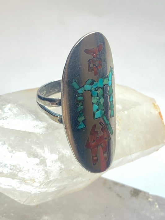 Kokopelli ring size 6.75 turquoise chips coral chips long sterling silver women