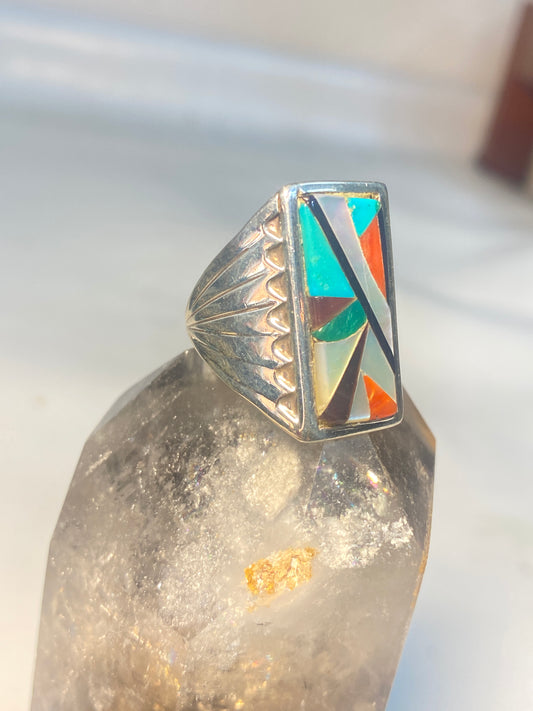 Zuni ring southwest long turquoise MOP coral sterling silver men women
