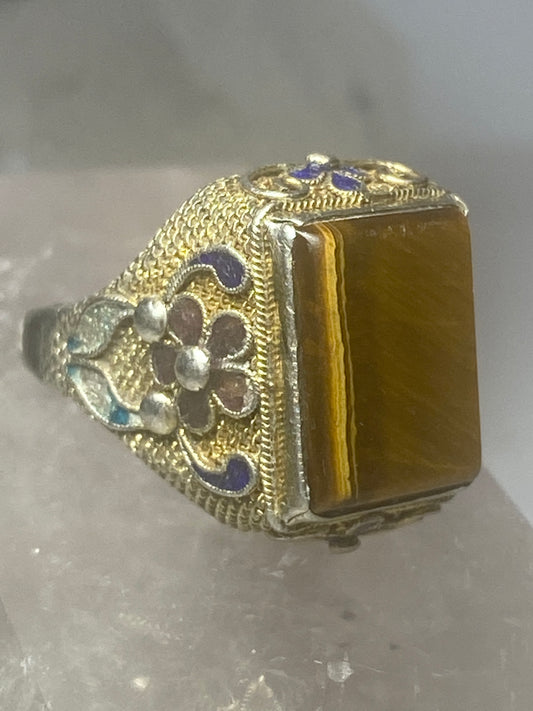 Tiger eye ring floral Chinese export enamel sterling silver women girls