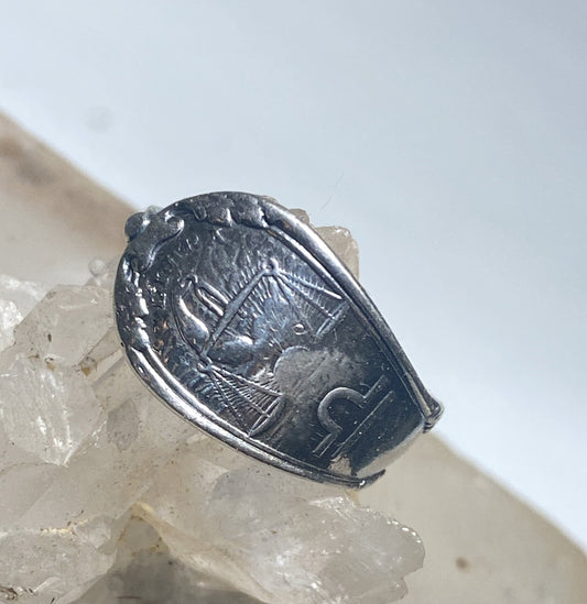 Libra spoon ring size 7.50 Scales of Justice lawyer Zodiac September birthday band sterling silver women adj