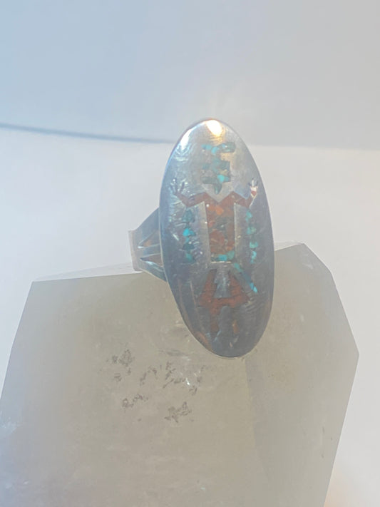 Kachina ring turquoise chips coral chips long sterling silver women