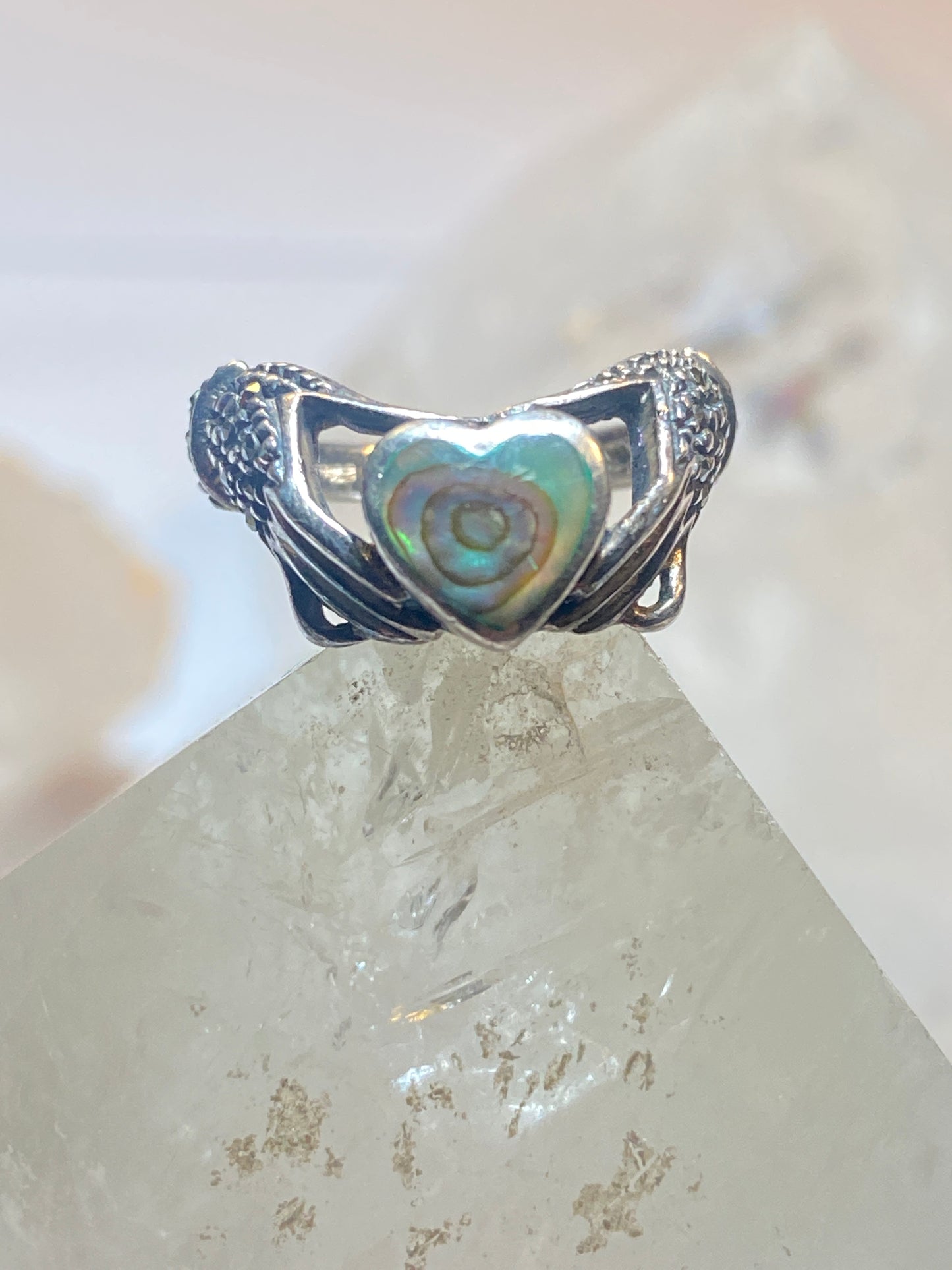 Claddagh ring size 5.50  abalone heart love marcasites Celtic pinky band love friendship sterling silver