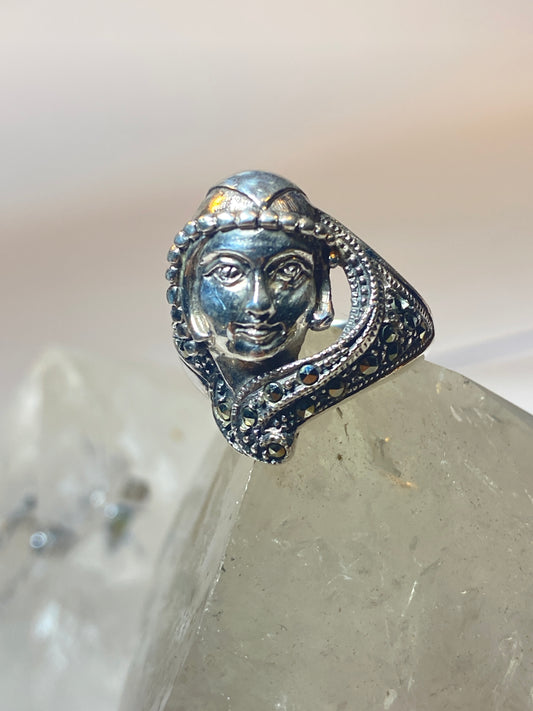 Lady face ring size 7.25 art deco marcasites band sterling silver women