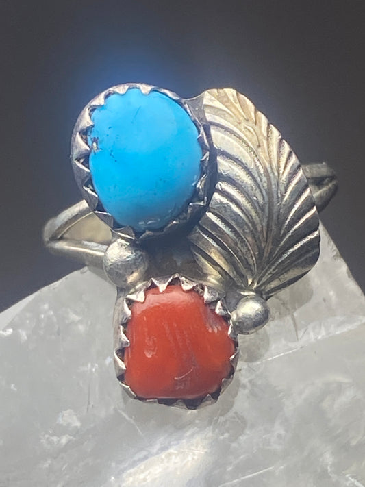 Coral turquoise Ring southwest pinky sterling silver women girl