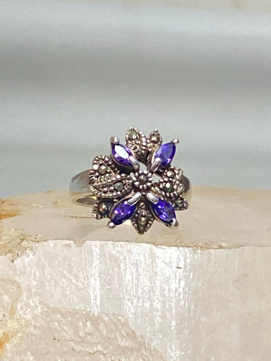 Amethyst ring flower marcasite art deco style sterling silver women
