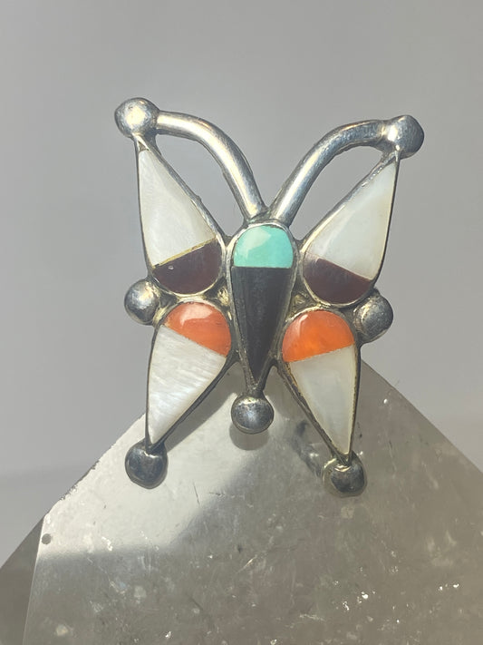 Butterfly ring size 6 turquoise Zuni mother of pearl coral onyx southwest sterling silver women