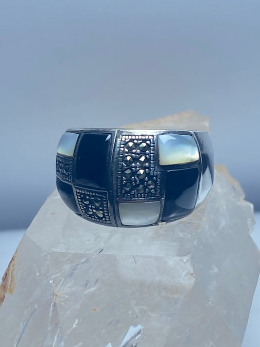 Checkerboard Ring size 7.75 onyx Mother of pearl marcasite cigar band