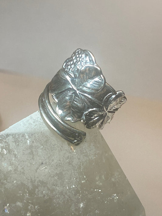 Four Leaf Clover spoon ring floral good luck band sterling silver women girl c