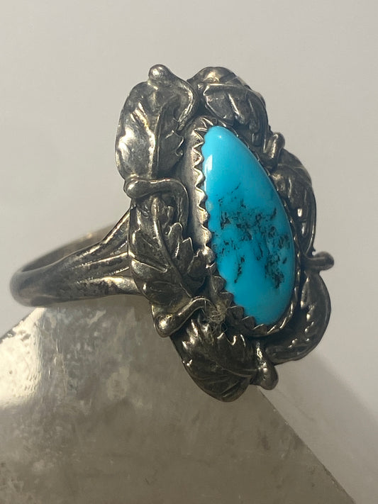 Turquoise ring long Navajo southwest leaves sterling silver women girls