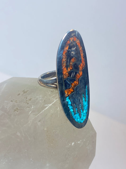 Bird ring long Hopi turquoise coral chips sterling silver girls women girls