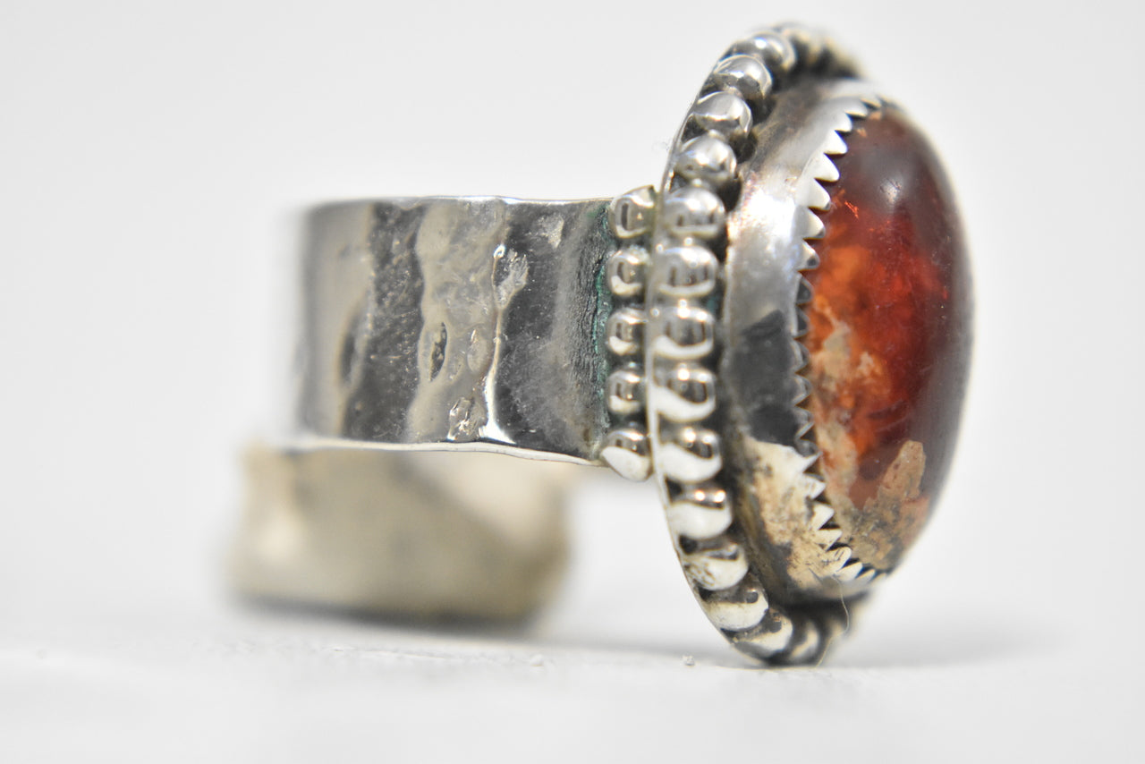 Amber Ring Vintage Sterling Silver Southwest Handmade Size 8.7