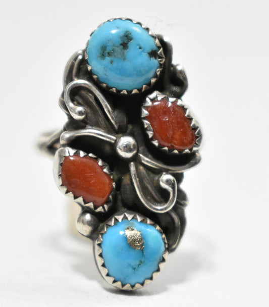 Navajo Ring Long Turquoise Coral Sterling Silver Size 7.25