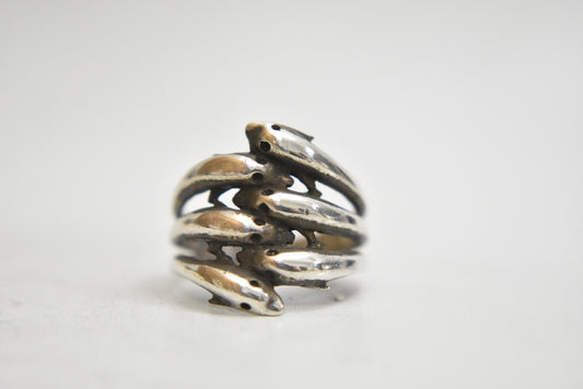 Dolphin ring six dolphins ocean seas pinky band sterling silver women Size 5.75